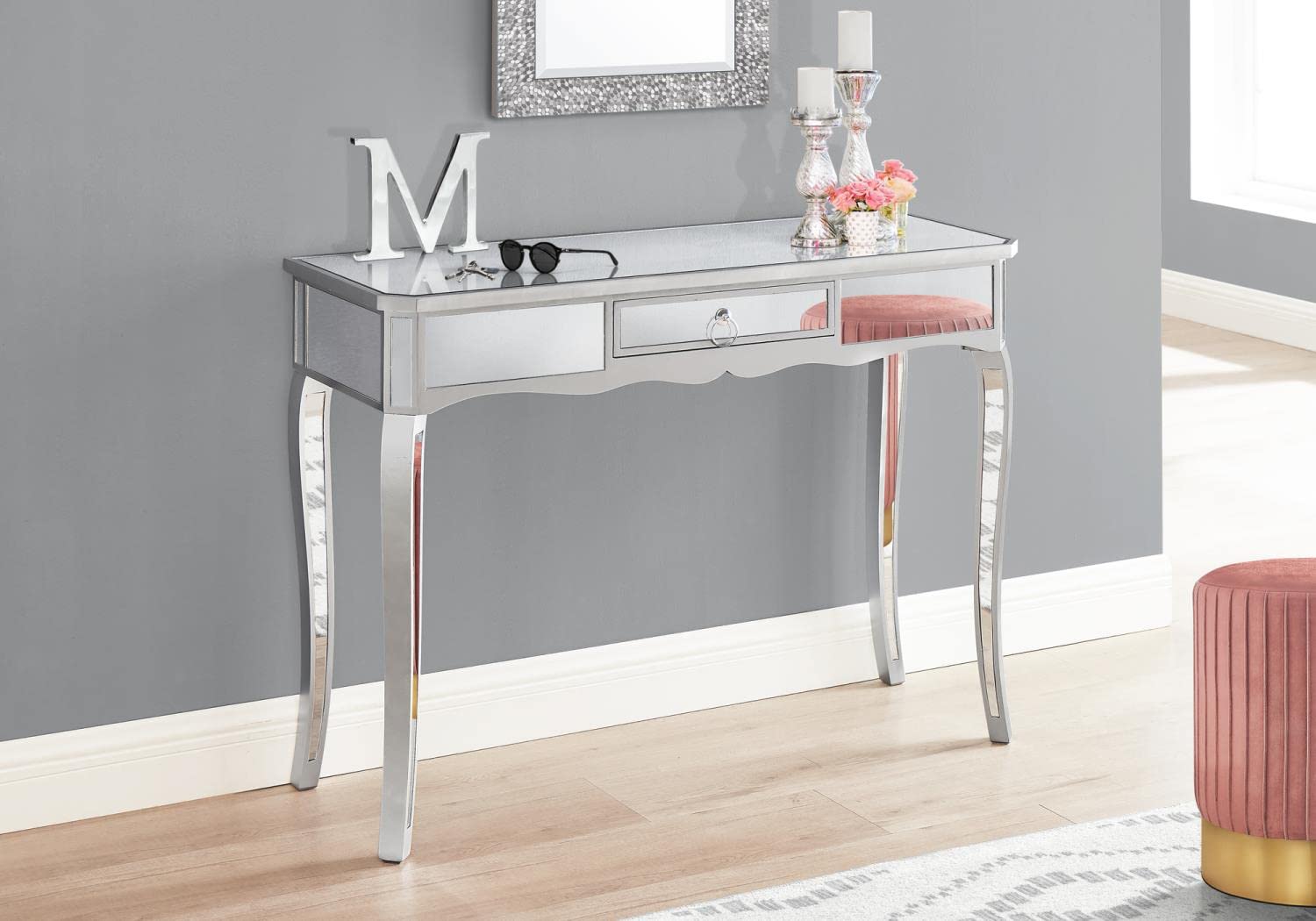 Monarch Specialties 3736 Accent Table, Console, Entryway, Narrow, Sofa, Storage Drawer, Living Room, Bedroom, Grey, Clear, Transitional Table-42 L/Mirror/Silver, 42" L x 15" W x 30" H